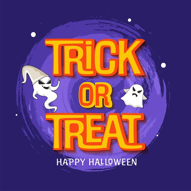 Stickerstijl Trick or Treat-lettertype met grappige geesten op paarse penseelstreekachtergrond voor Happy Halloween-concept.