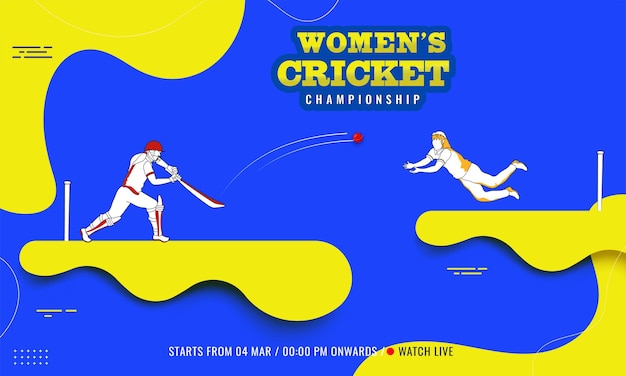 Stickerstijl women's cricket championship-tekst met battle player fielder of bowler in actie pose op gele en blauwe achtergrond