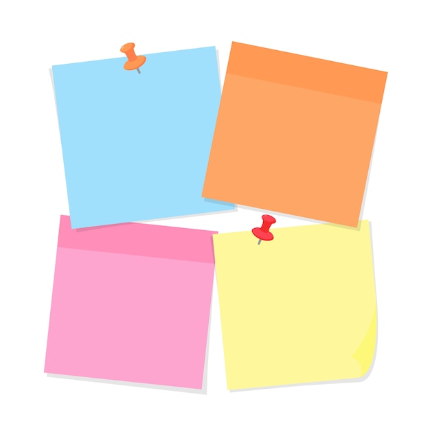 Vector sticky note paper and pins of various colors isolated on white