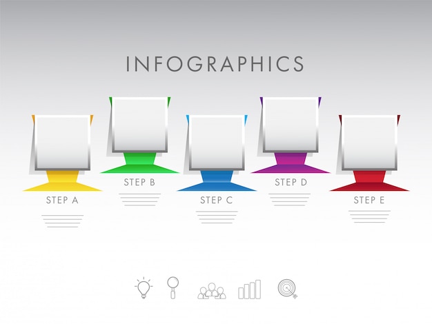 Elementi di infografica timeline nota adesiva con cinque diverse le