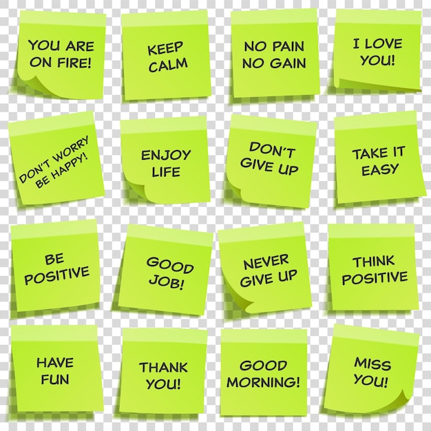 Sticky note with text and shadow isolated on transparent background set green paper message on