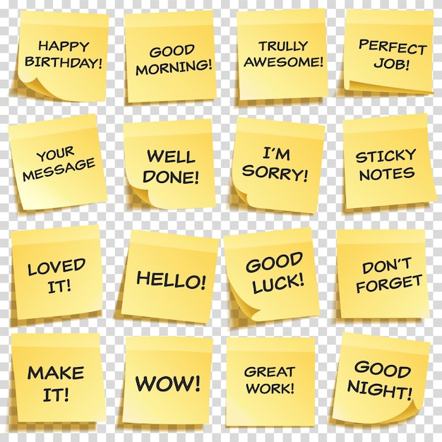 Vector sticky note with text and shadow isolated on transparent background set yellow paper message on