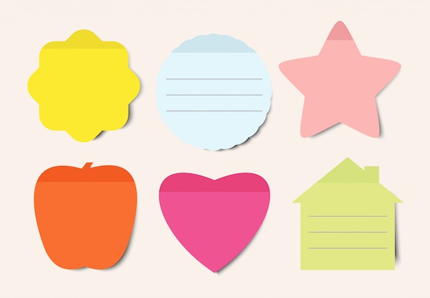 Sticky notes   illustrations set. notepad blank paper sheet for planning and scheduling. round, heart, apple and house shapes color empty reminders isolated cliparts pack. memo notes