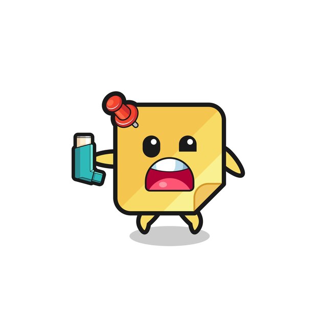 Sticky notes mascot having asthma while holding the inhaler  cute design