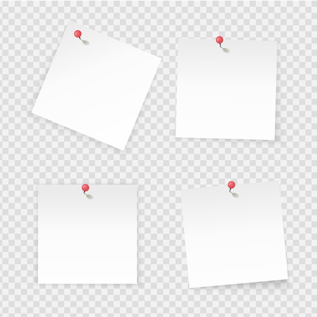 sticky notes. paper stick notes isolated on transparent background. empty notebook page pinned red pushbutton. vector paper labels with empty space for working board