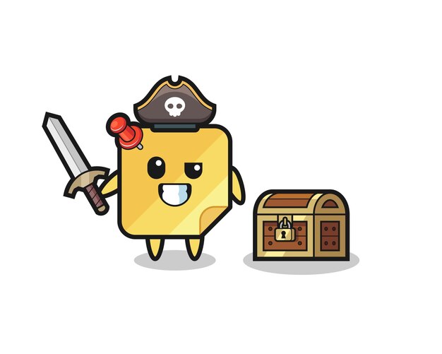 The sticky notes pirate character holding sword beside a treasure box , cute style design for t shirt, sticker, logo element