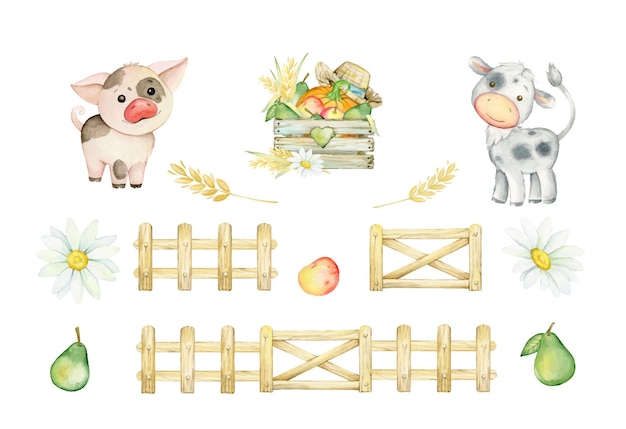 stier houten hek varkensboerderij aquarel set van dieren en elementen