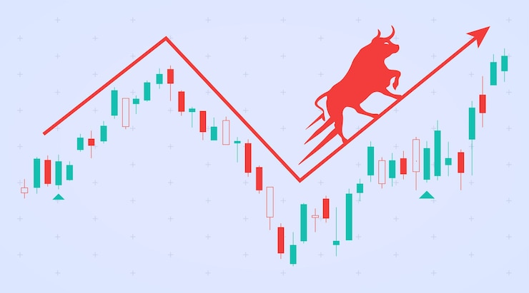 Vector stierenbeurs die de digitale kaarsgrafiek van japan analyseert financiën zaken pijl omhoog trend