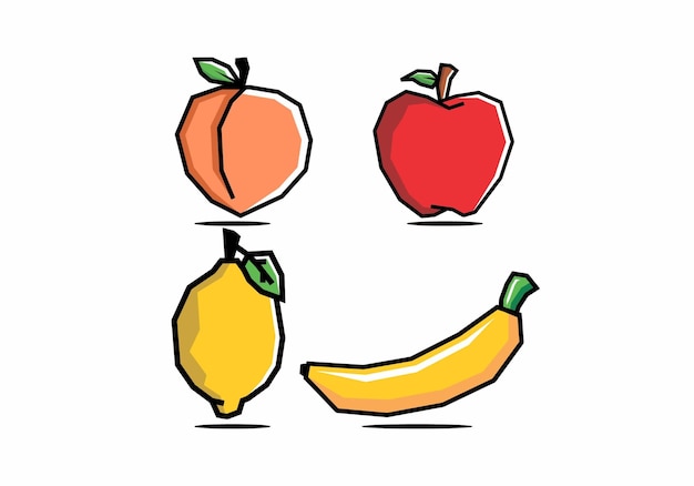 Stiff art style of peach apple citrus and banana fruit