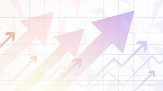 Stijgende bedrijfsillustratie met kleurrijke opwaartse pijlen op een witte achtergrond van plexuslijnen
