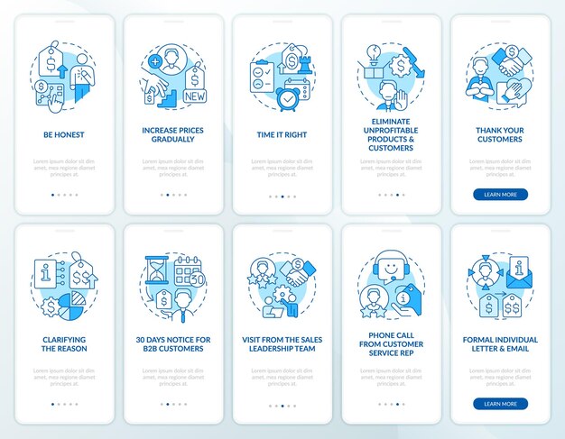 Stijgende prijzen blauwe onboarding mobiele app-schermset