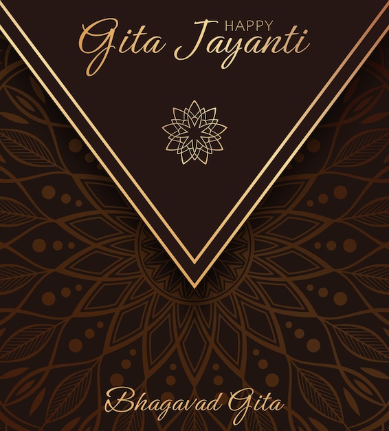 Stijlvol groetontwerp voor de Indiase feestdag Gita Jayanti. Luxe kaart met gouden tekst en mandala