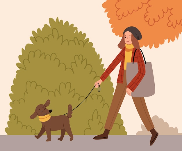 Vector stijlvol meisje loopt een gelukkige hond in een sjaal in het herfstparkherfststemmingwandeling in de frisse lucht