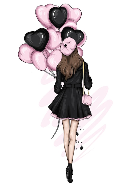 Vector stijlvol meisje met ballonsharten