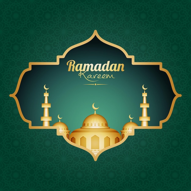 Stijlvol Ramadan Kareem-kaartontwerp met moskee in Arabisch frame op groene islamitische patroonachtergrond