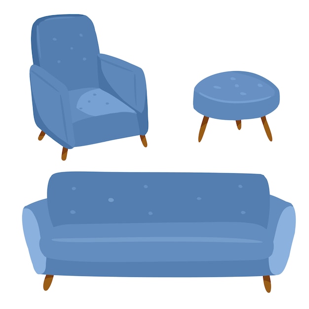 Stijlvol scandinavisch woonkamerinterieur - bank en fauteuil. home lagom decoraties. gezellig seizoen. modern comfortabel appartement ingericht in hygge-stijl. vector illustratie