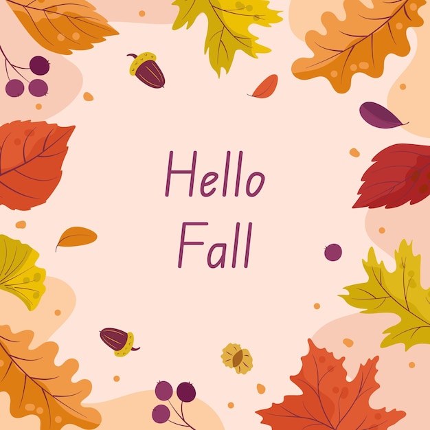 Stijlvolle ansichtkaartbanner van heldere herfstbladeren, bessen en eikels Vintage achtergrond Hallo herfst