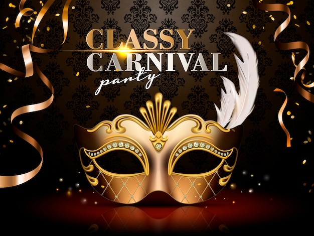 Vector stijlvolle carnaval-feestaffiche, elegant gouden masker met diamanten en verendecoraties op donkere achtergrond in afbeelding