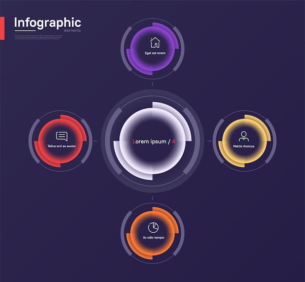 Stijlvolle kleurrijke vector infographic cirkel grafieksjabloon op een diepblauwe achtergrond Vier opties