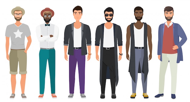 Vector stijlvolle knappe mannen gekleed in moderne casual mode mannelijke stijl kleding. cartoon vlakke afbeelding.