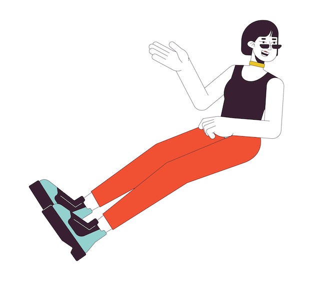 Stijlvolle Koreaanse jonge volwassen vrouw levendig discussiëren 2D lineaire cartoon personage Zittende Aziatische meisje geïsoleerde lijn vector persoon witte achtergrond Opgewonden praten kleur platte plek illustratie