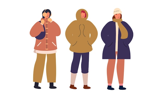 Vector stijlvolle mensen in warme winterkleding mannen vrouwen in outfits voor koude weer illustratie