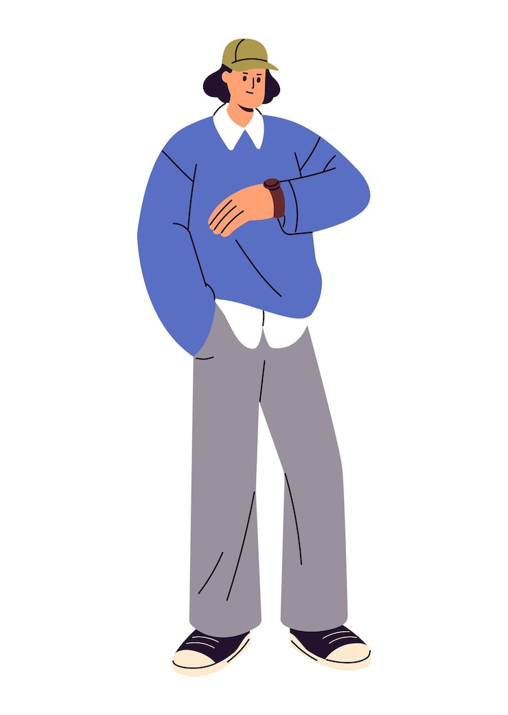 Vector stijlvolle mensen jonge persoon die staat te wachten en de klok bekijkt met een polshorloge man met een pet die een casual outfit draagt in straatstijl tijdbeheer platte geïsoleerde vectorillustratie op witte achtergrond