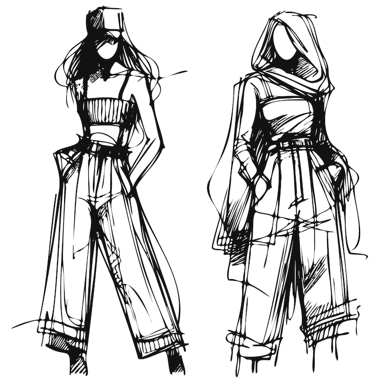 Vector stijlvolle modemodellen mode meisjes sketch vrouw in broek