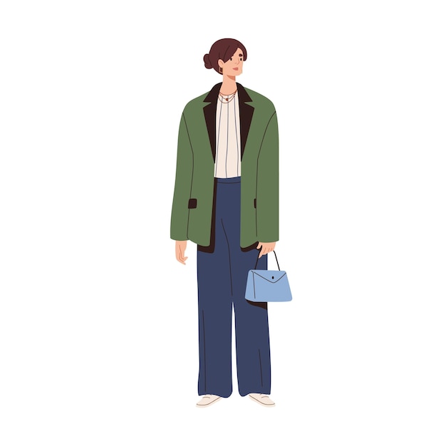 Stijlvolle moderne vrouw in mode-outfit. Model met losse jas, blouse en tousers. Trendy kleding in een urban casual stijl. Gekleurde platte vectorillustratie geïsoleerd op een witte achtergrond.