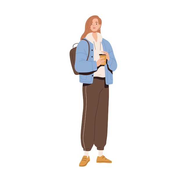 Stijlvolle moderne vrouw in sportmode-outfit. Model draagt hoodie, bananenbroek, sneakers en rugzak. Trendy kleding in een urban casual stijl. Gekleurde platte vectorillustratie geïsoleerd op wit.
