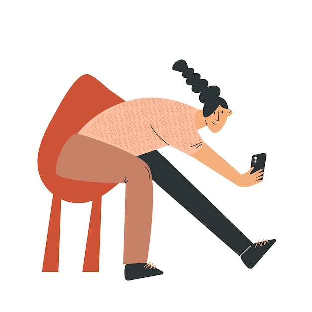 Stijlvolle mooie langharige vrouw mode blogger. creatief vrouwelijk personage dat selfie neemt. artsy meisje met smartphone. platte vector cartoon illustratie geïsoleerd op wit