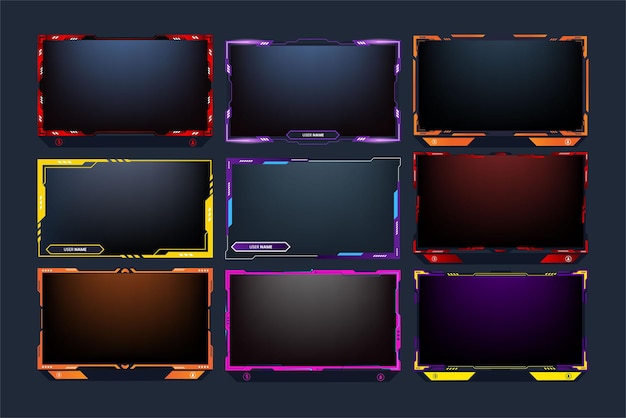 Stijlvolle streaming-overlay-setdecoratie met neoneffecten Online gaming-schermrandbundelvector met oranje, paarse en rode kleuren Futuristische ontwerpcollectie voor gaming-uitzendingen voor gamers