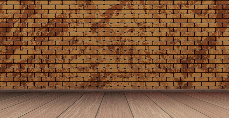Vector stijlvolle studio panoramische rode bakstenen achtergrond met afbladderende verf houten vloer