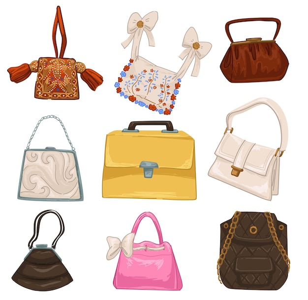 Stijlvolle vintage en retro tassen en accessoires voor dames, geïsoleerde handtassen met strikken en linten, florale ornamenten en eenvoudig design. Riemen en verstelbare handgreep op clutch. Vector in vlakke stijl