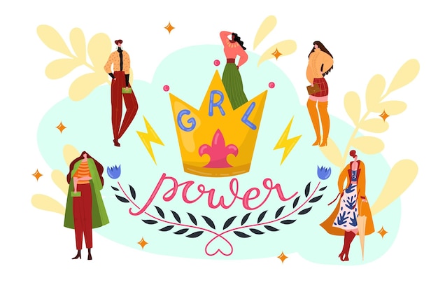 Stijlvolle vrouw groep girl power samen vector illustratie jonge vrouwelijke mensen in trendy feminisme