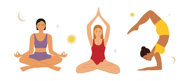 Vector stijlvolle yoga illustratie het meisje doet yoga yoga poseert een set illustraties