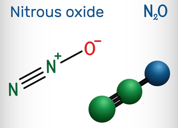 Stikstofoxide lachgas N2O molecuul Het wordt gebruikt als een farmacologisch middel om anesthesie te produceren een voedingsadditief als een voortstuwingsmiddel Structurele chemische formule en molecuulmodel