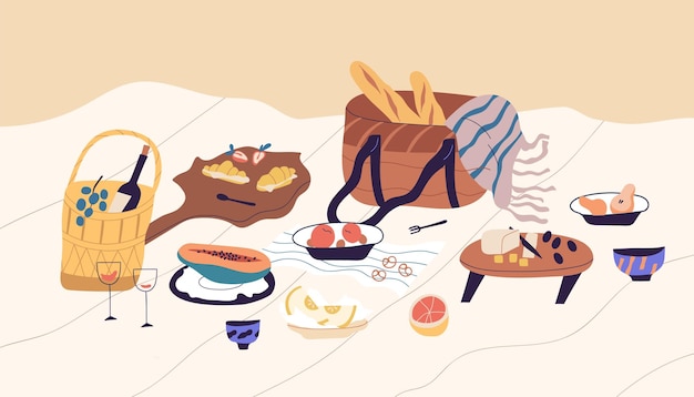 Vector still life of beach picnic. blanket with served food and alcohol for romantic date. basket with cheese, croissants, fruits, berries, bottle of wine and baguette. colorful flat vector illustration.