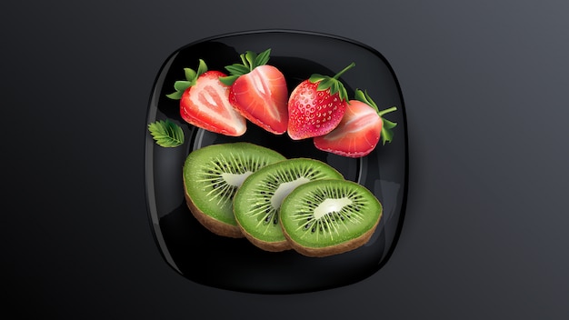 Vector still life of berries: kiwi and strawberries.