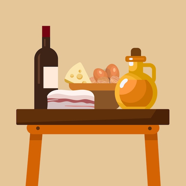 ベクトル テーブルの上の食品の静物 テーブルの上の農産物 イタリア製品 有機製品 ベクトル図