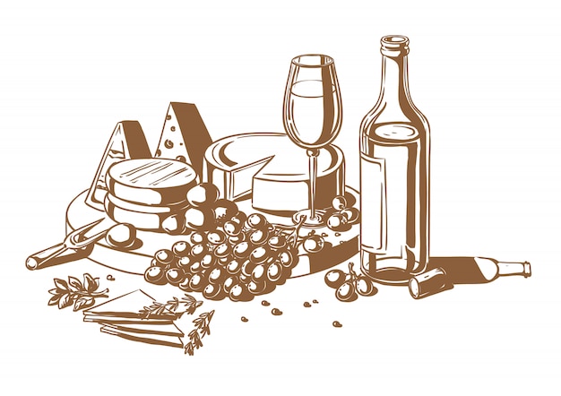 Still life of a set of cheeses with grapes and wine