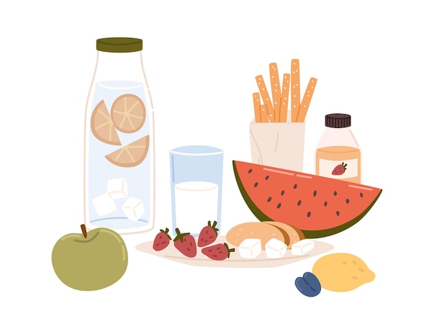 Vector still life with healthy food such as snacks, summer fruits, glass of milk, bottles of lemonade and juice. composition with meals and soft drinks isolated on white background. flat vector illustration.