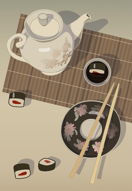 still life with rolls, mat, soy sauce and teapot illustration