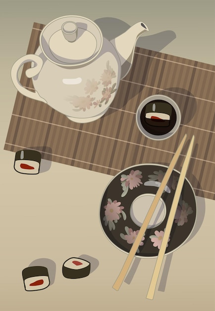 Vector still life with rolls, mat, soy sauce and teapot illustration