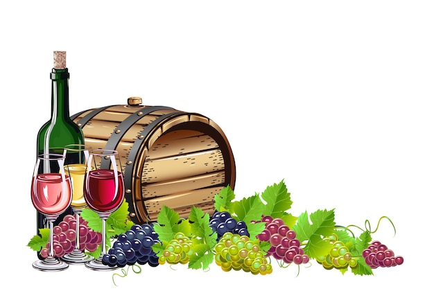 Still life of a wooden barrel a bottle of wine glasses and grapes