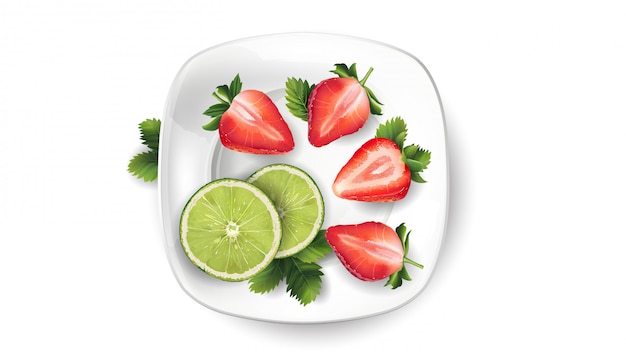 Stilleven van fruit: limoen en aardbeien op een witte plaat.
