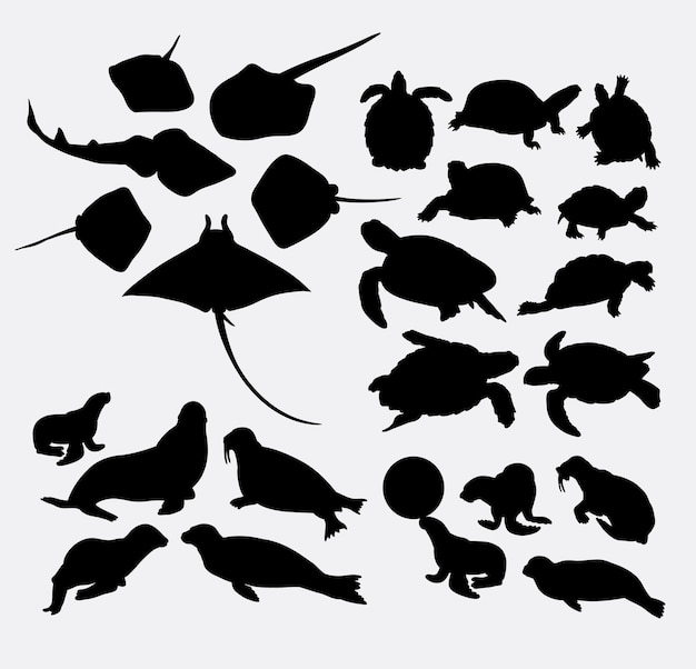 Stingray turtle and walrus sealife animal silhouette