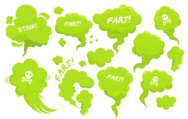 Vector stinky clouds set green fart collection of graphic elements for website steam chemicals smoke scent