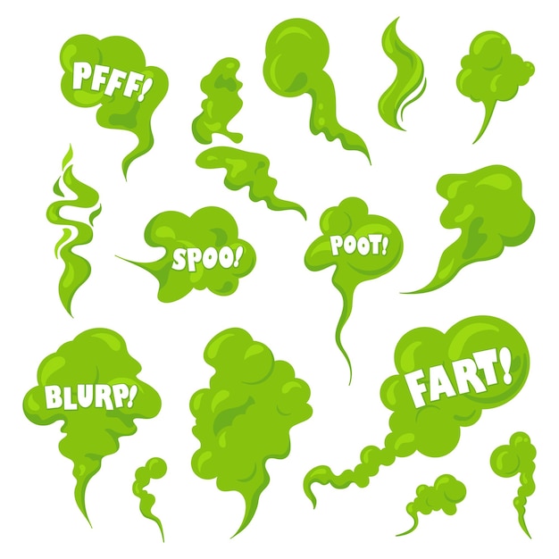 Stinky smelling smoke set Fart cartoon bad odor cloud Green stench vapor with text Toxiz aroma fog