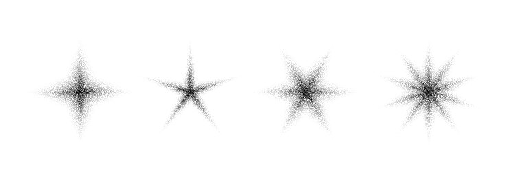 Vector stippled grain star set black noise texture asterisk collection halftone glitter sparkles sparks